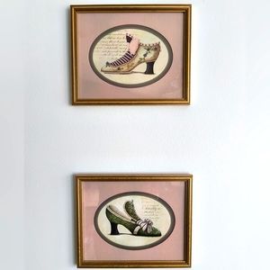 Matching pair of gold picture frames with pink oval matting, shoe art, Parisian